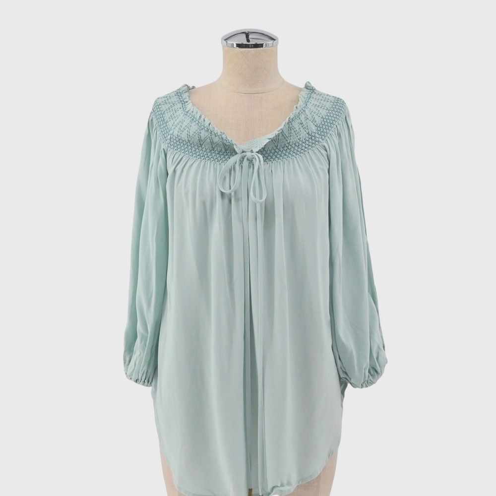 ANTHROPOLOGIE Womens Rosario Top Size S Holding Horses Blue Slit Sleeve NEW